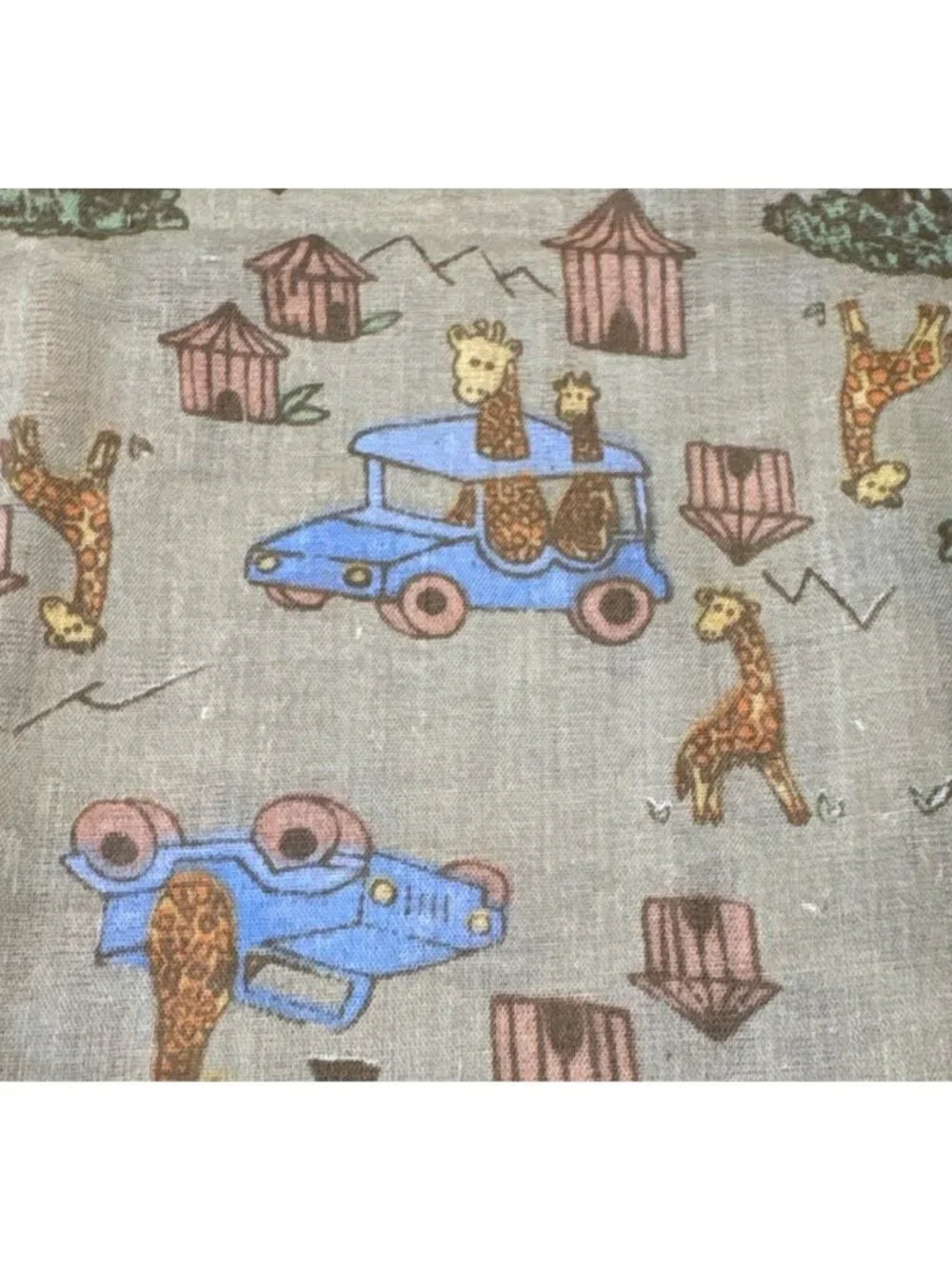 Giraffe Print Cotton Fabric 18x44 Retro Safari Village Blue Cars Pink Huts Fun